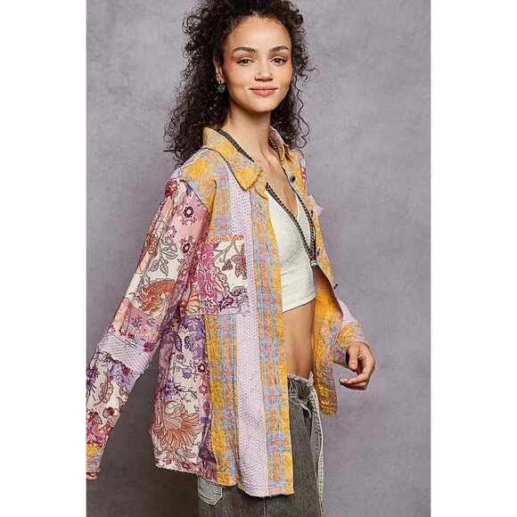 POL Printed Button Down Long Sleeve Exposed Seam Shirt - Picture 5 of 8